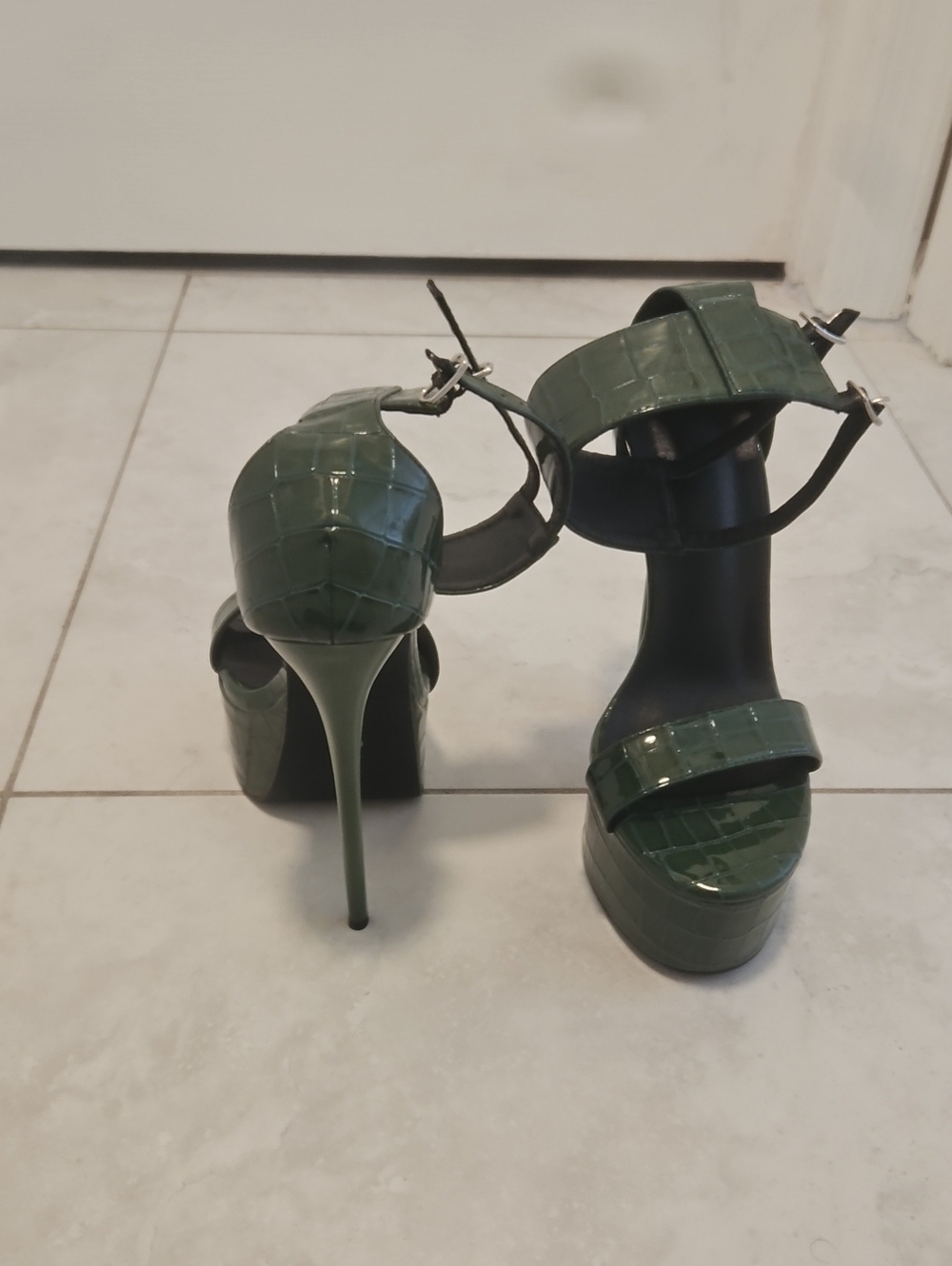 Green Croc-Embossed Platform Ankle-Strap Heels - Picture 2 of 5